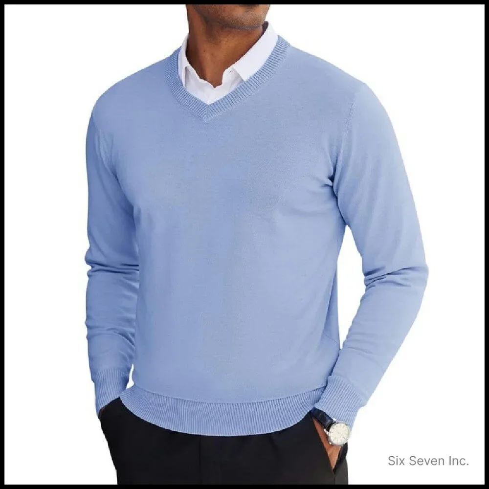Lightweight V-Neck Pullover Sweater Classic Knitted Slim Fit Business Casual